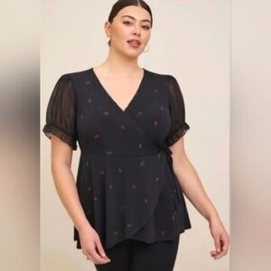 Torrid Studio Chiffon Wrap Blouse Short Puff Sleeve Black Rose Floral Size 1x